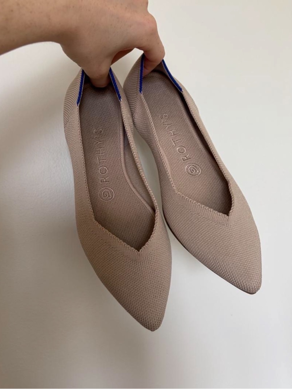 Rothy's Pointed Knit Flats in Taupe with Blue Trim